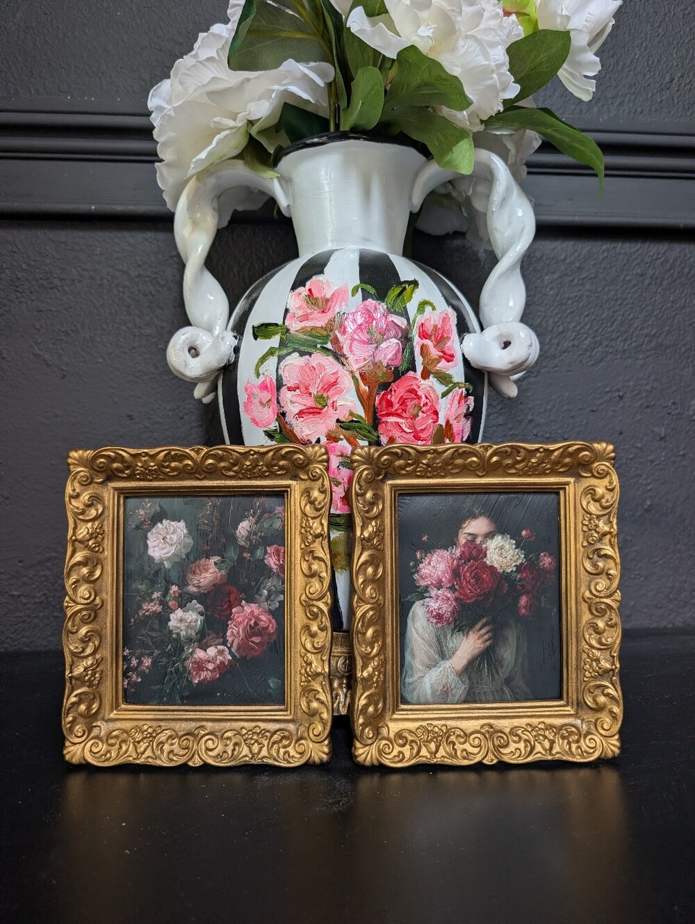 Vintage, set of 2, Syroco Burwood Rococo Gold Ornate Mini Frames with Moody Prin